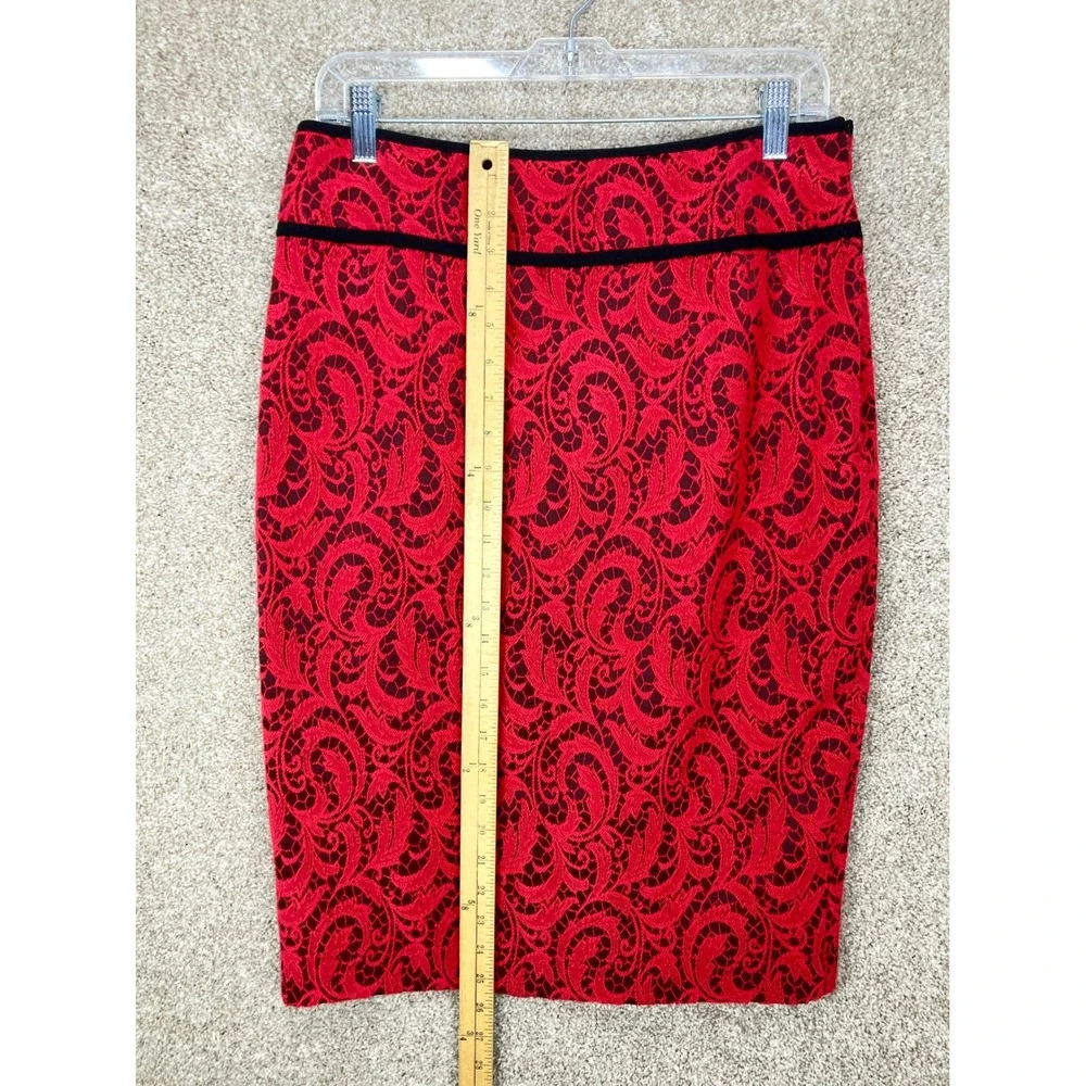 Magaschoni Lace Scroll Pencil Skirt Women 12 Red Black Dark Academia Office Chic